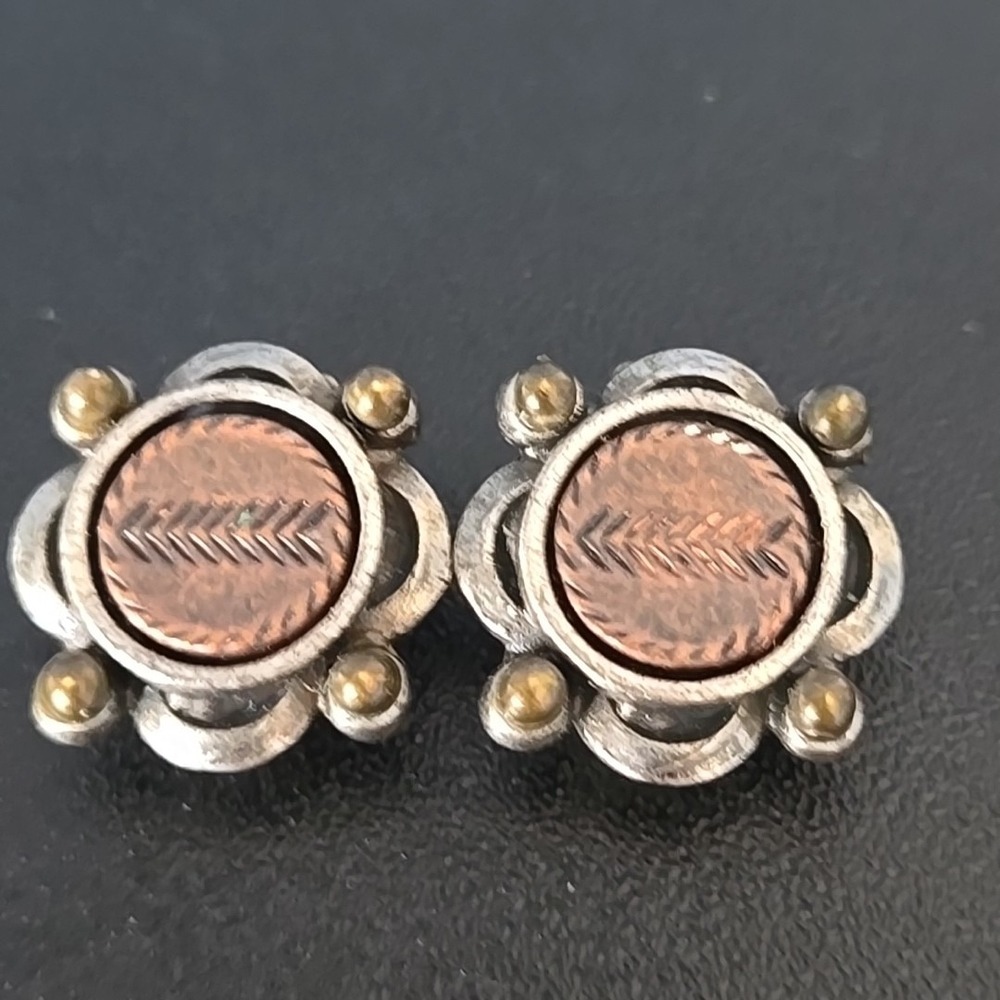 Vtg‎ Robert Rose Clip-On Earrings Silver Tone with Copper Center & Brass Accents